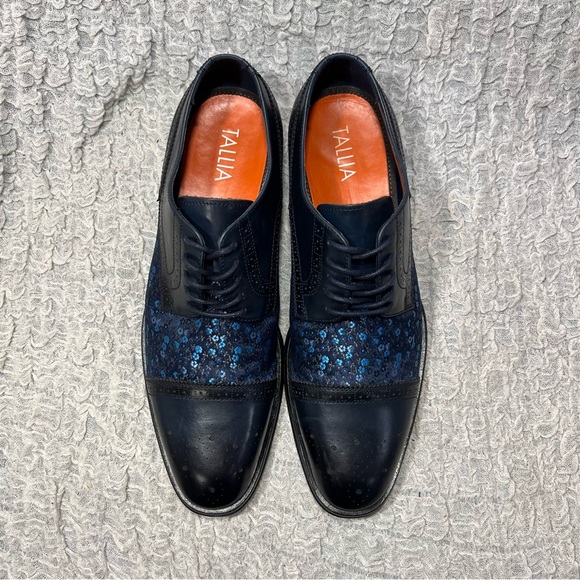 Tallia Men’s 10 Navy Leather Blue Floral Cap Toe Oxford Bonito Dress Shoe Brogue - Picture 2 of 7